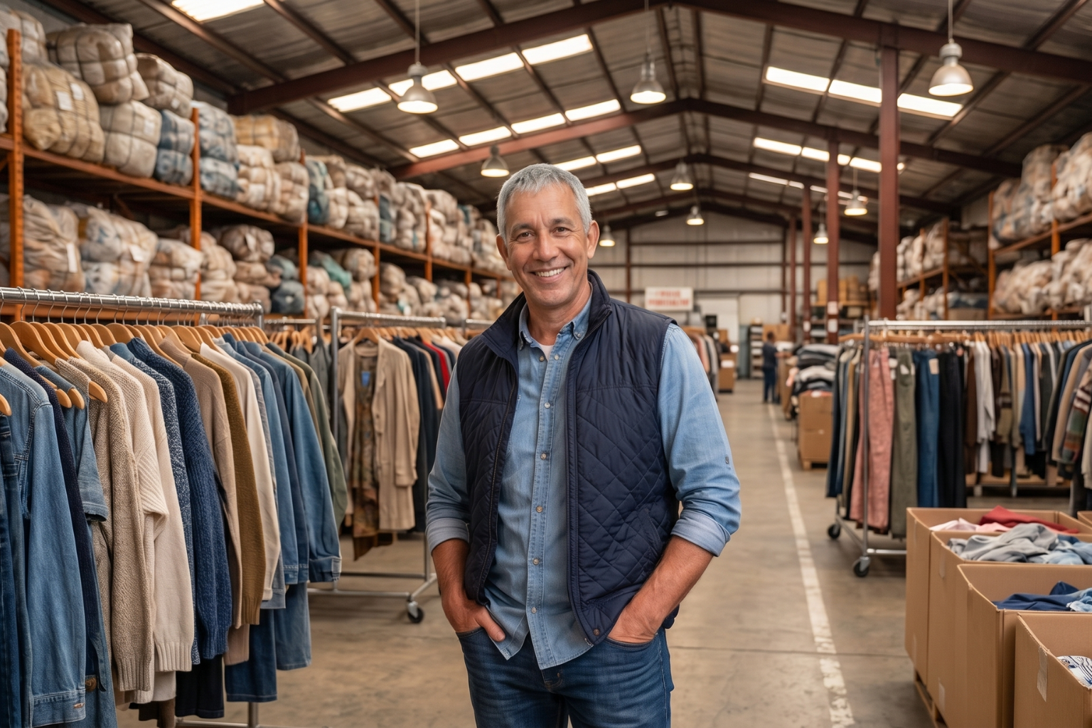 Man standing in a warehouse with clothing racks and shelves.