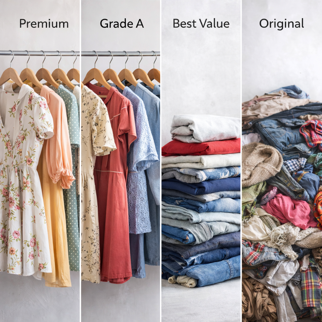 Four categories of clothing labeled 'Premium', 'Grade A', 'Best Value', and 'Original' with corresponding images.