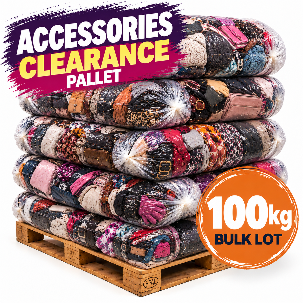 A wooden pallet stacked with multiple large clear plastic bags filled with assorted clothing and accessories, with promotional text reading 'ACCESSORIES CLEARANCE PALLET' and '100kg BULK LOT'.