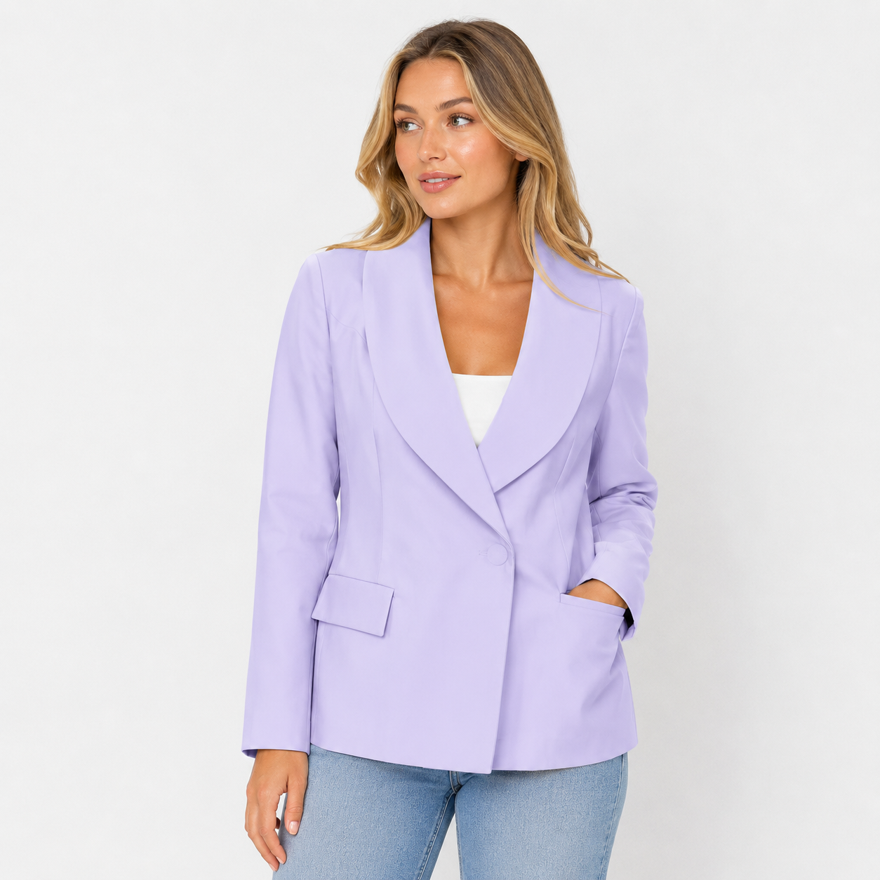 Woman wearing a light purple blazer on a white background