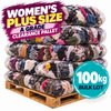 A stack of five clear plastic-wrapped bulk lots of women's plus-size clothing on a wooden pallet, with promotional text overlays reading 'WOMEN'S PLUS SIZE', 'A GRADE CLEARANCE PALLET', and '100kg BULK LOT'.