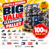 Promotional graphic for a 'BIG VALUE CLEARANCE PALLET' containing 100kg of bulk sportswear. The image shows a wooden pallet stacked with various branded athletic tires, alongside a yellow badge reading 'PURE DESIGNER & SPORTSWEAR ONLY!' and a row of visible brand logos at the bottom including Nike, Adidas, Puma, Converse, Reebok, Champion, Under Armour, FILA, Lee, GANT, Wrangler, DKNY, Levi's, Superdry, Diesel, Polo Ralph Lauren, and Lacoste.