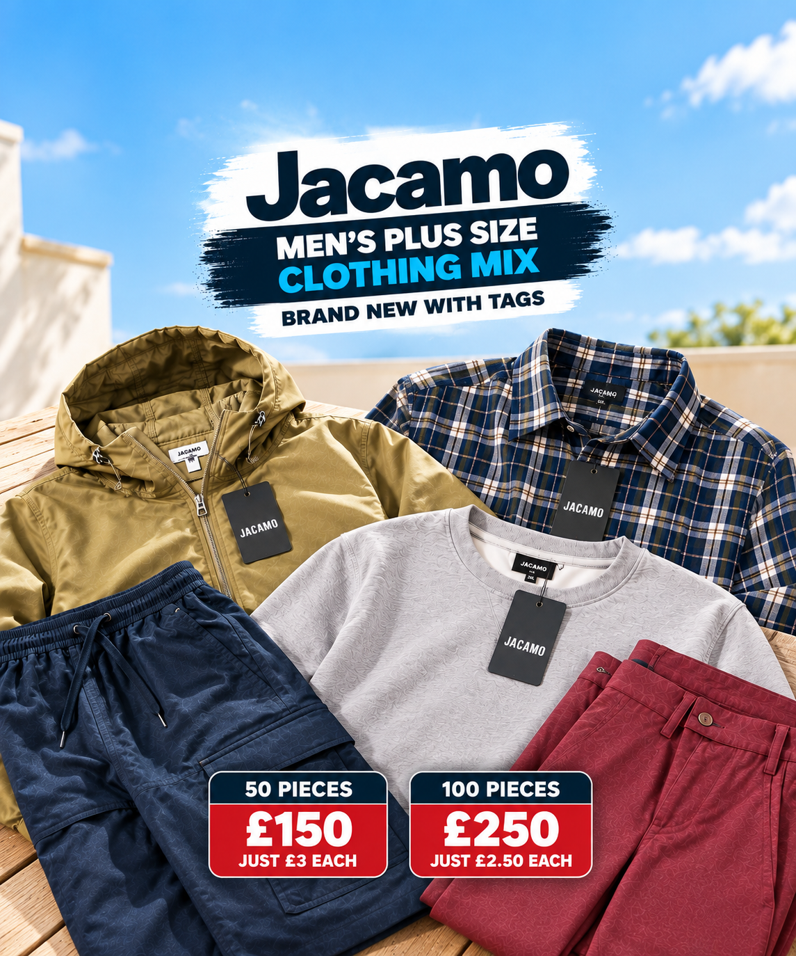 Promotional collage for a Jacamo men's plus-size clothing mix, showing folded garments including a tan hooded jacket, navy shorts, a gray sweatshirt, a blue plaid shirt, and burgundy pants on a wooden surface with sky and building background. Large text reads 'Jacamo Men's Plus Size Clothing Mix' with pricing badges at the bottom.
