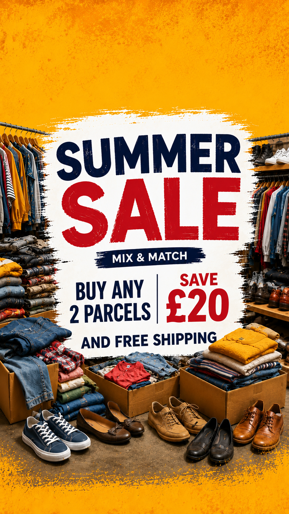 Promotional summer sale graphic with a bright yellow-orange background, large text reading 'SUMMER SALE', 'MIX & MATCH', 'BUY ANY 2 PARCELS', 'SAVE £20', and 'AND FREE SHIPPING'. The lower half shows assorted clothing, folded jeans, shoes, and boxes of folded garments arranged in a retail display.