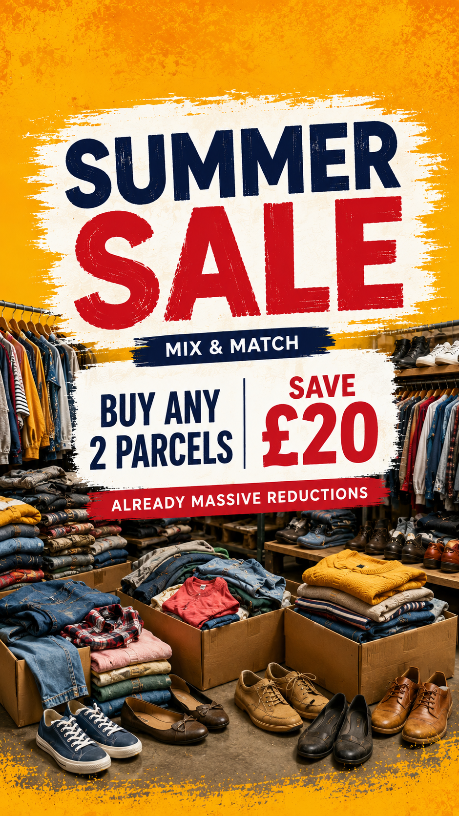 Promotional summer sale graphic with large text reading 'SUMMER SALE', 'BUY ANY 2 PARCELS', and 'SAVE £20' over a collage of clothing racks and folded garments in boxes.