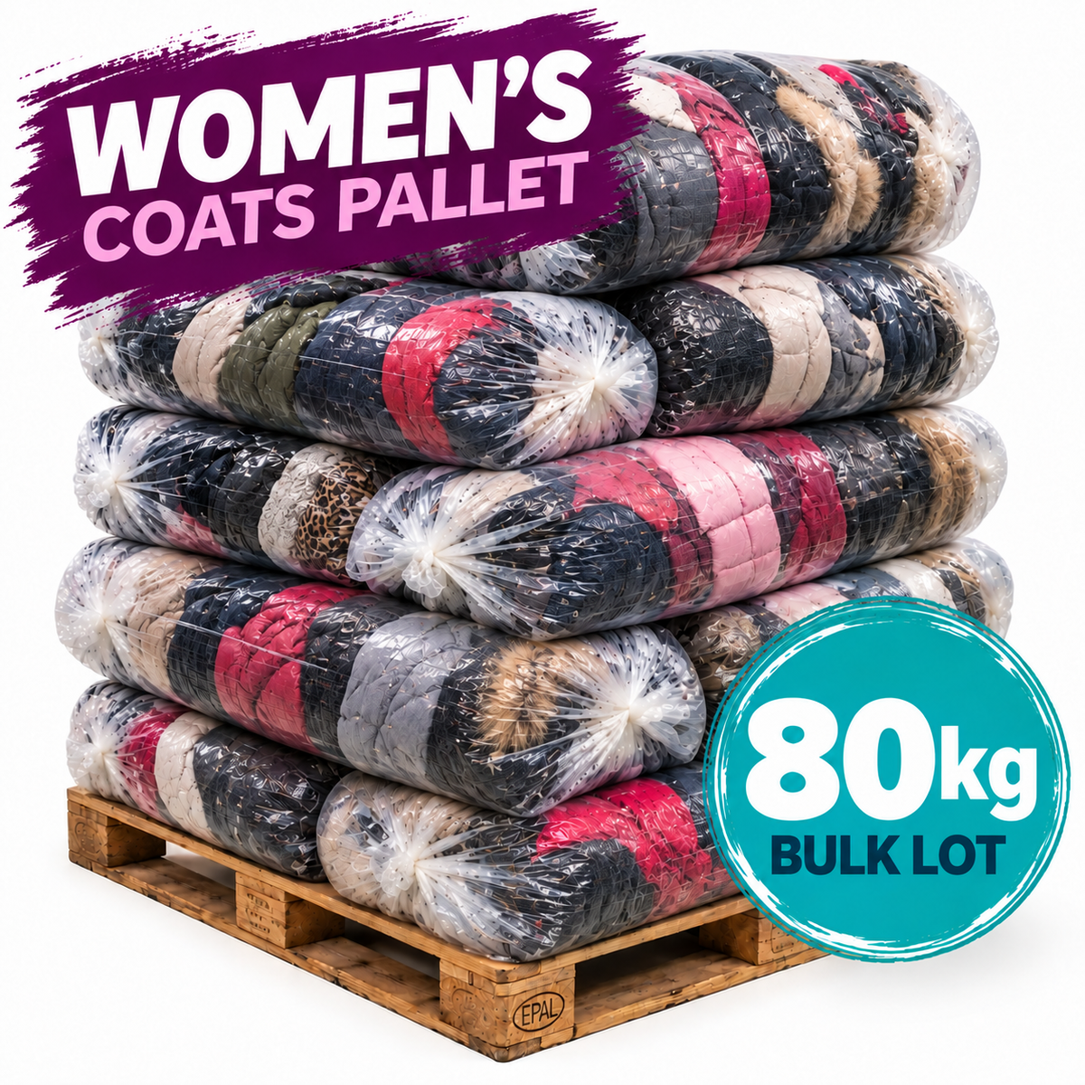 A pallet stacked with multiple large plastic-wrapped lots of mixed women's coats in assorted colors, with promotional text reading 'WOMEN'S COATS PALLET' and '80kg BULK LOT' on a white background.