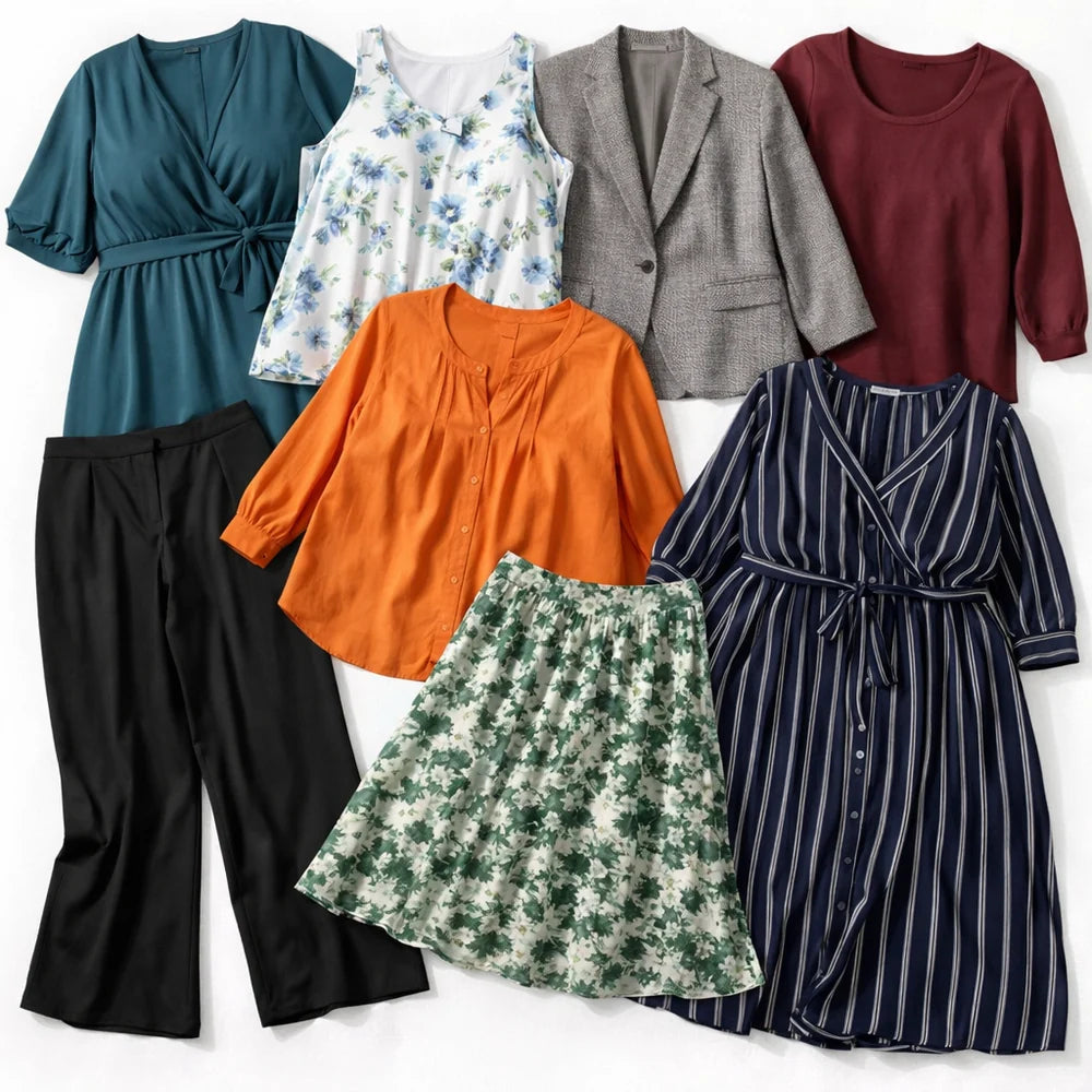 Collection of various clothing items including shirts, pants, and a skirt on a white background