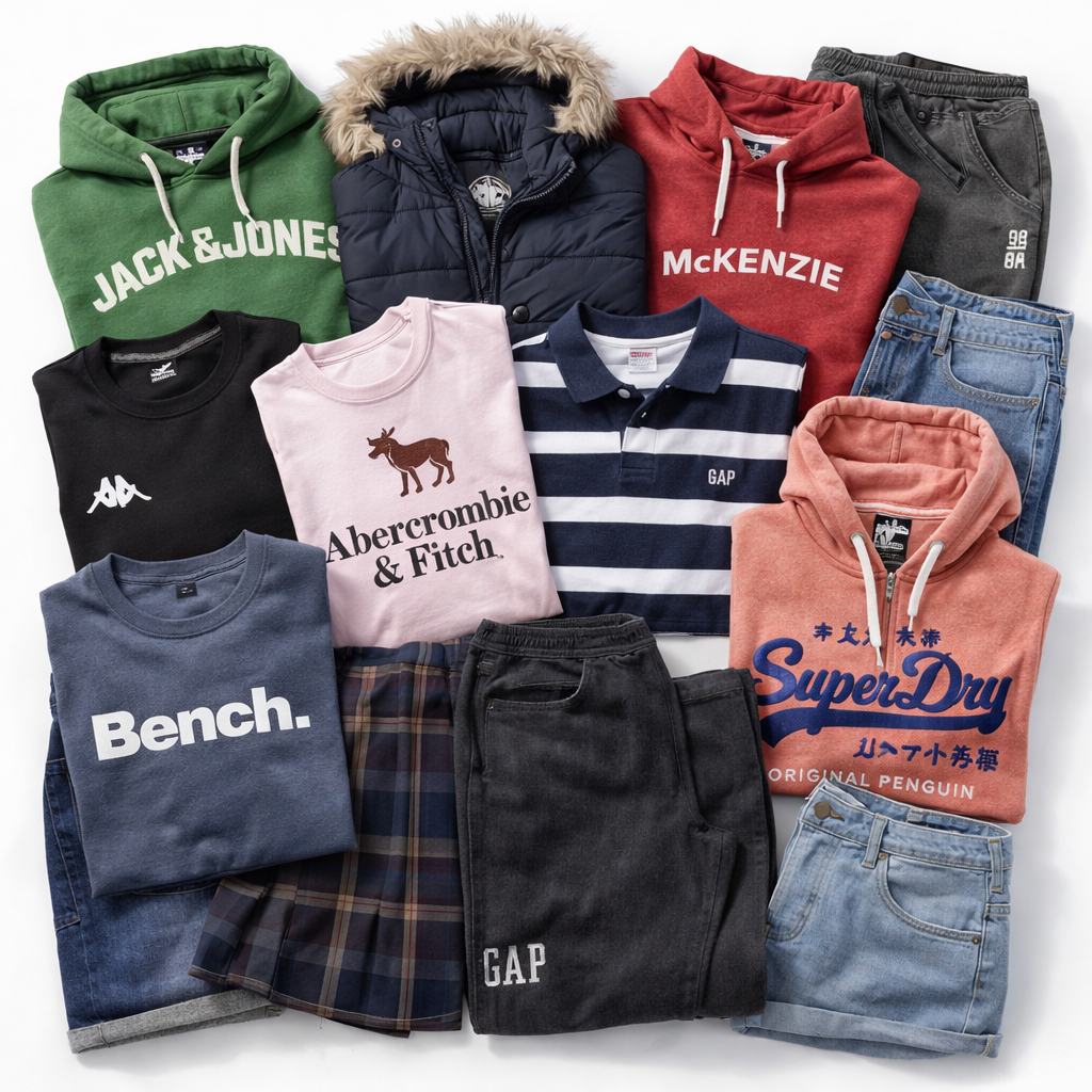 Wholesale second hand clothing mix, assorted styles, UK high street brands, pre-loved garments for resale