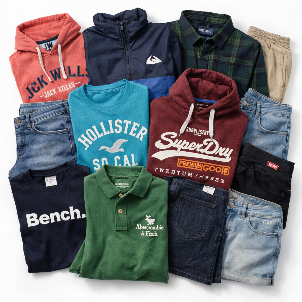 Wholesale second hand clothing mix, assorted styles, UK high street brands, pre-loved garments for resale