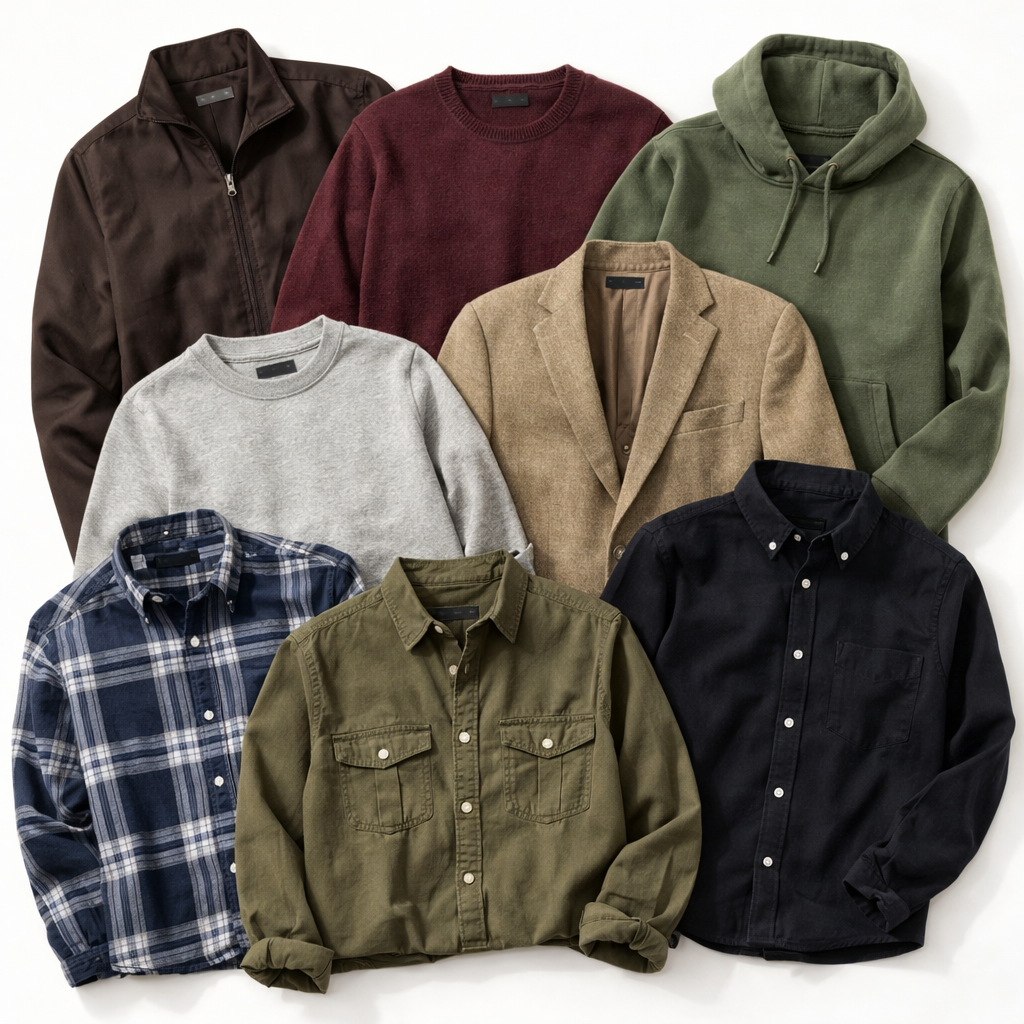 Collection of various jackets and shirts on a white background