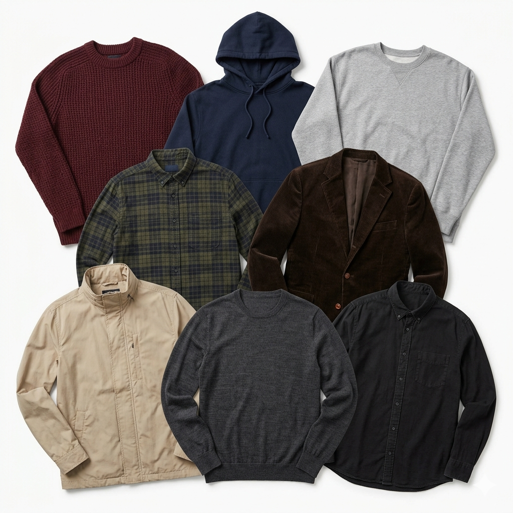 Collection of various men's clothing items including sweaters, jackets, and shirts on a white background.