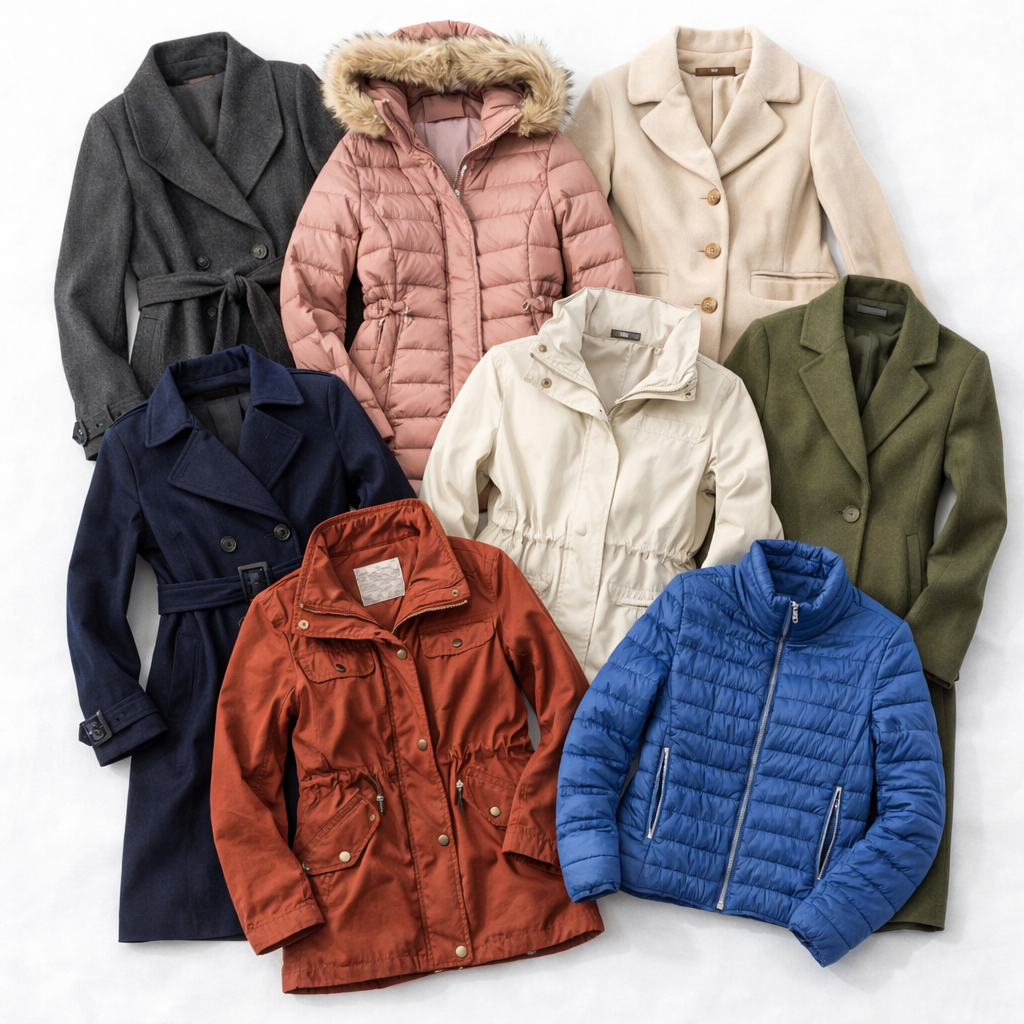 Collection of various jackets in different colors on a white background