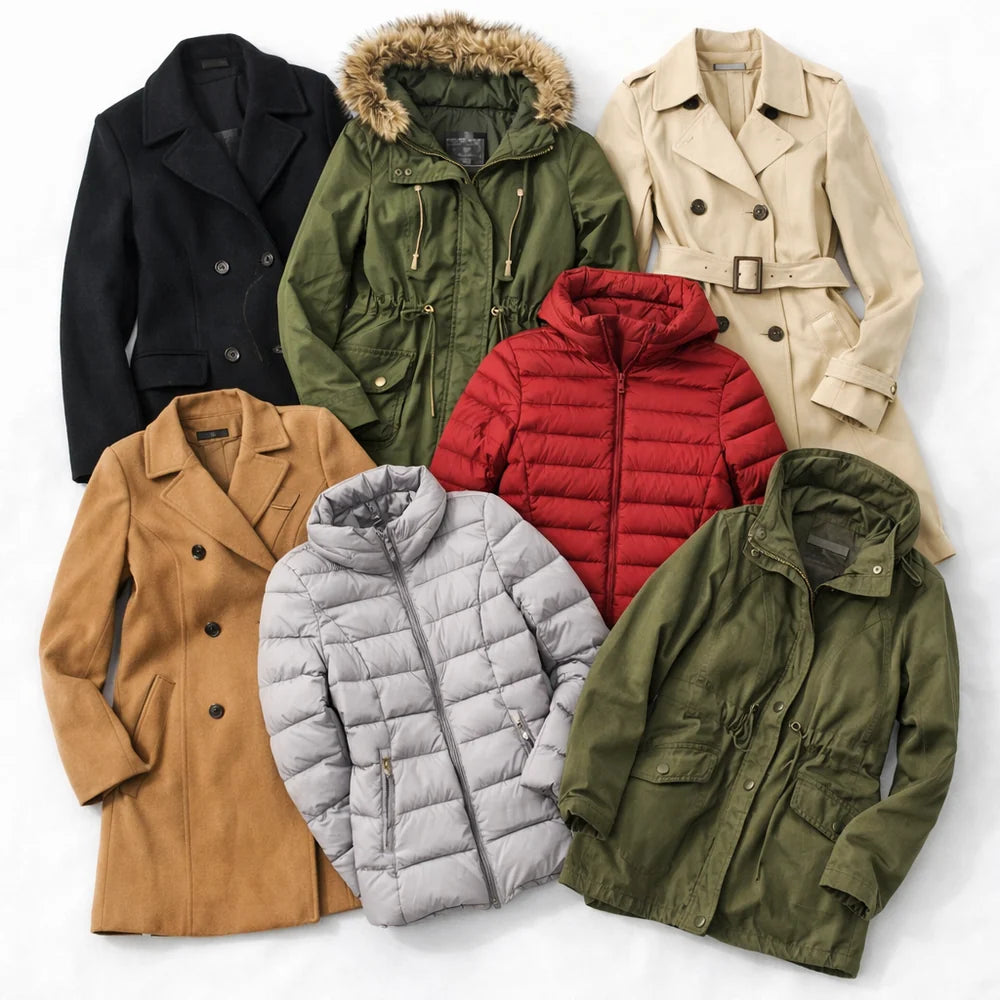 Collection of various winter jackets on a white background