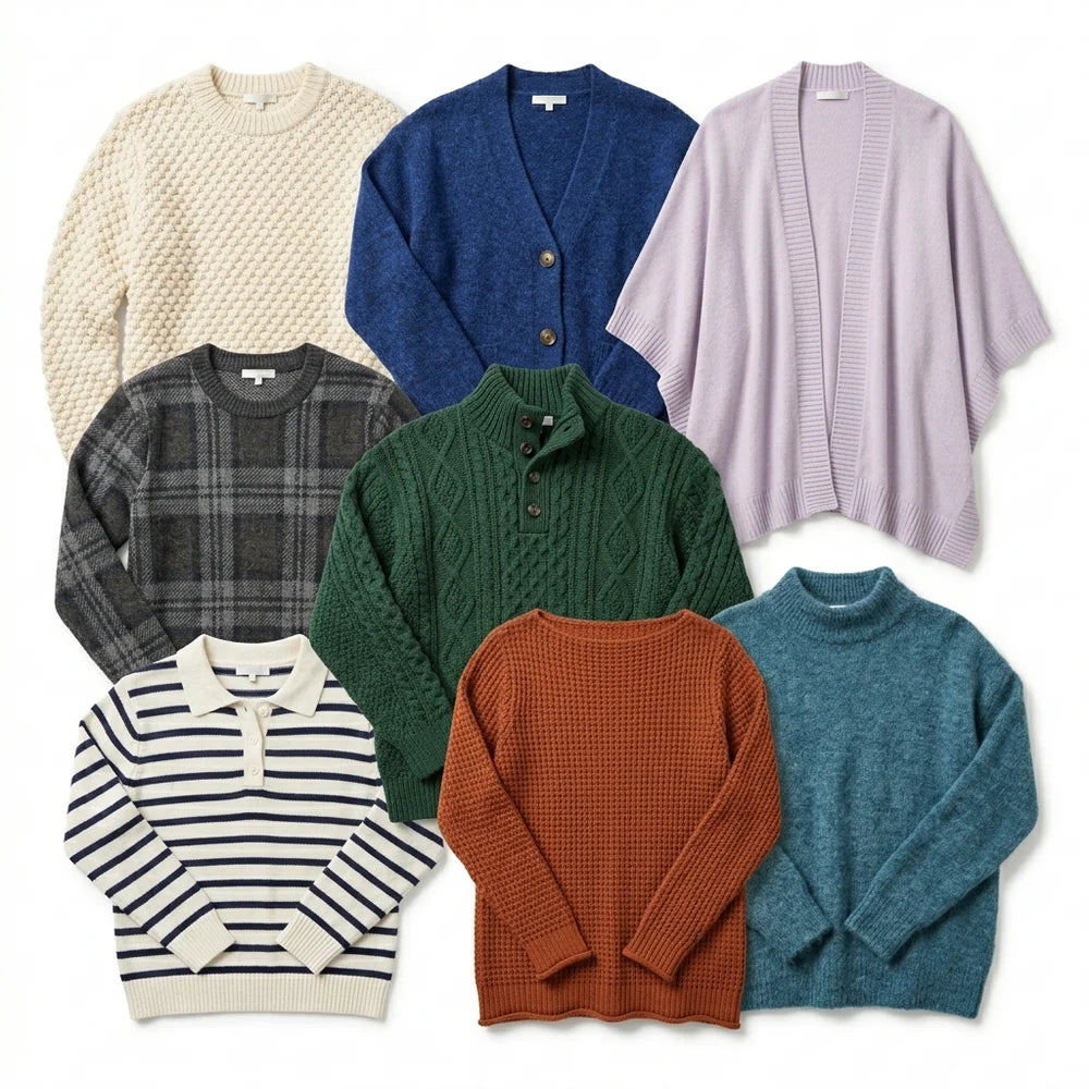 Collection of various sweaters in different colors on a white background