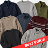 A collage of multiple men's knit quarter-zip and crew-neck sweaters in assorted colors and patterns, including navy cable knit, light gray, olive green, beige, blue, burgundy with white stripe accents, black, and light gray. A red diagonal banner at the bottom reads 'Best Value'.