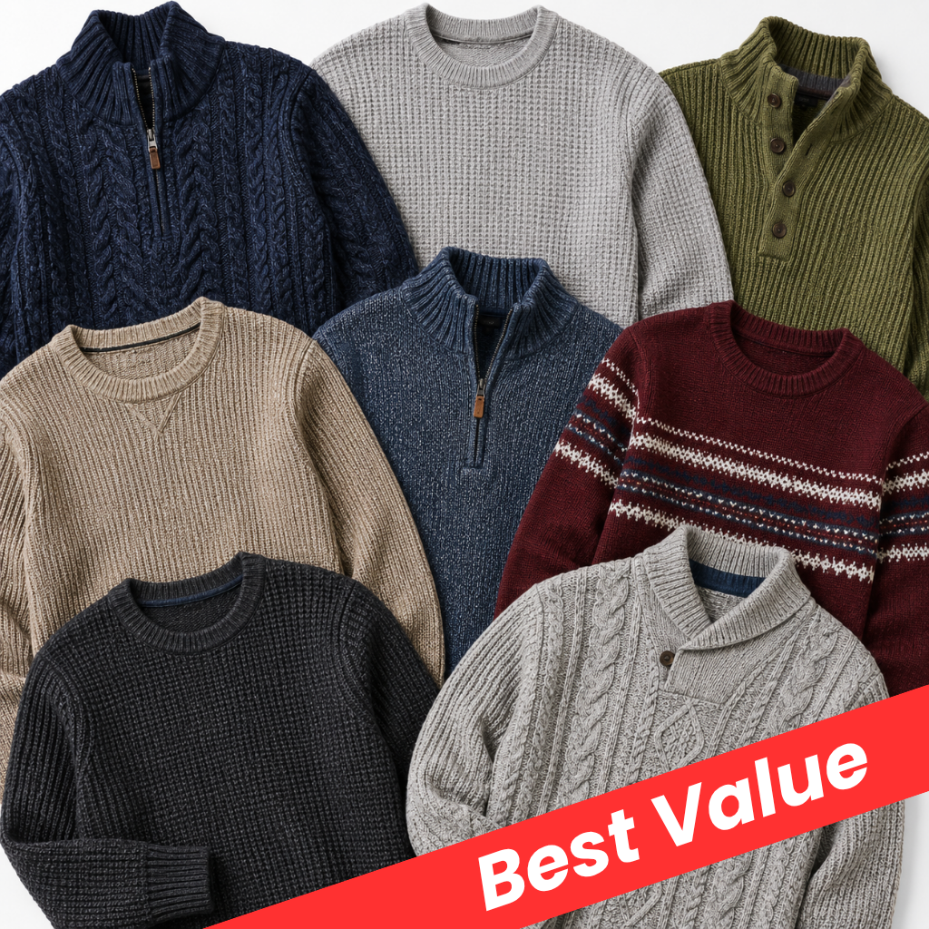 A collage of multiple men's knit quarter-zip and crew-neck sweaters in assorted colors and patterns, including navy cable knit, light gray, olive green, beige, blue, burgundy with white stripe accents, black, and light gray. A red diagonal banner at the bottom reads 'Best Value'.