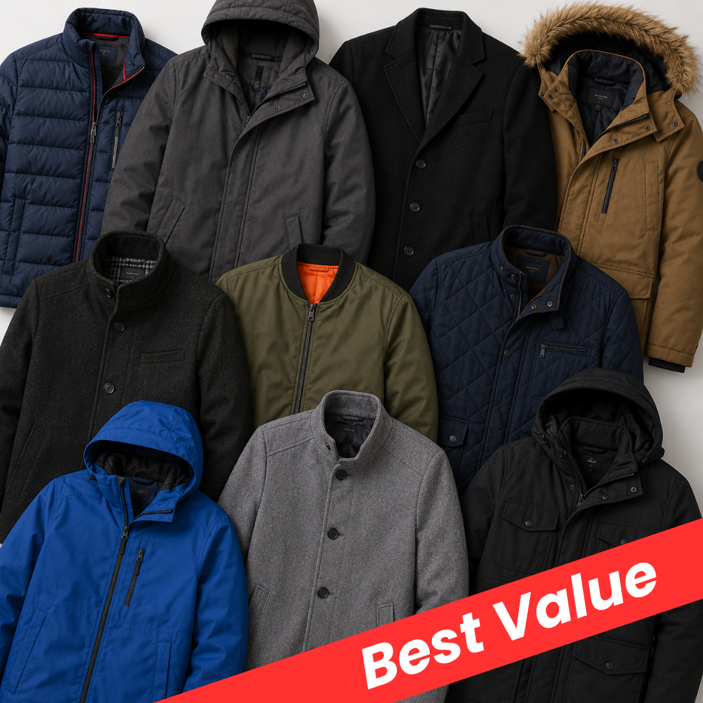 A collage of multiple men's winter jackets in different colors, including navy, gray, black, tan, olive green, blue, and gray, arranged against a light background with a red diagonal banner reading 'Best Value'.