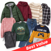 A collection of children's clothing displayed on a white background, including multiple sweaters, a puffer jacket, jeans, shorts, and a plaid shirt. A red diagonal banner at the bottom right reads 'Best Value'.