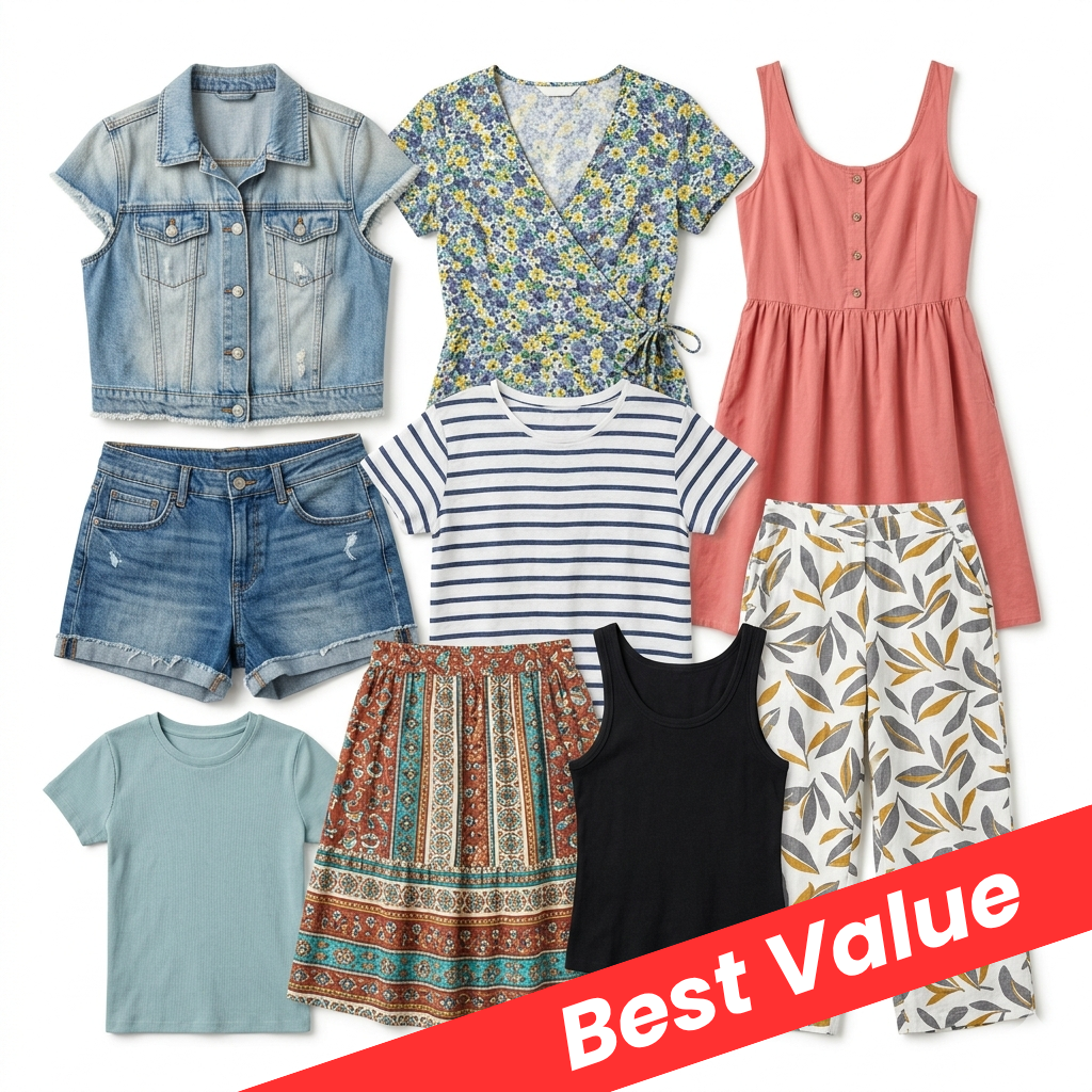 A collection of nine girls' casual and summer outfits arranged in a flat lay on a white background, featuring a denim jacket, floral top, coral dress, denim shorts, striped shirt, patterned skirt, black tank top, white patterned pants, and a light blue t-shirt. A red diagonal banner at the bottom right reads 'Best Value'.