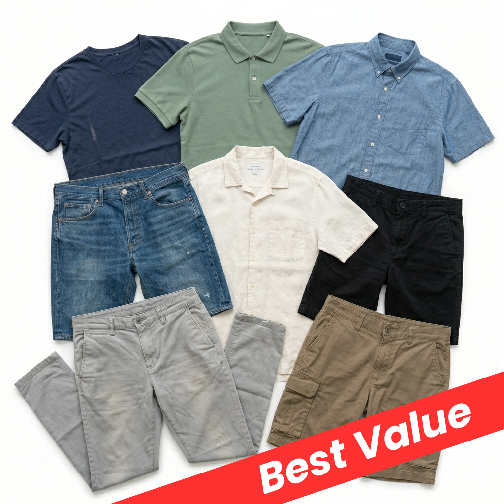 A flat lay of mixed men's casual clothing on a white background, including a navy T-shirt, green polo, light blue button-up shirt, blue jeans, cream short-sleeve collared shirt, black shorts, and tan cargo shorts. A red diagonal banner with the text 'Best Value' is overlaid in the bottom right corner.