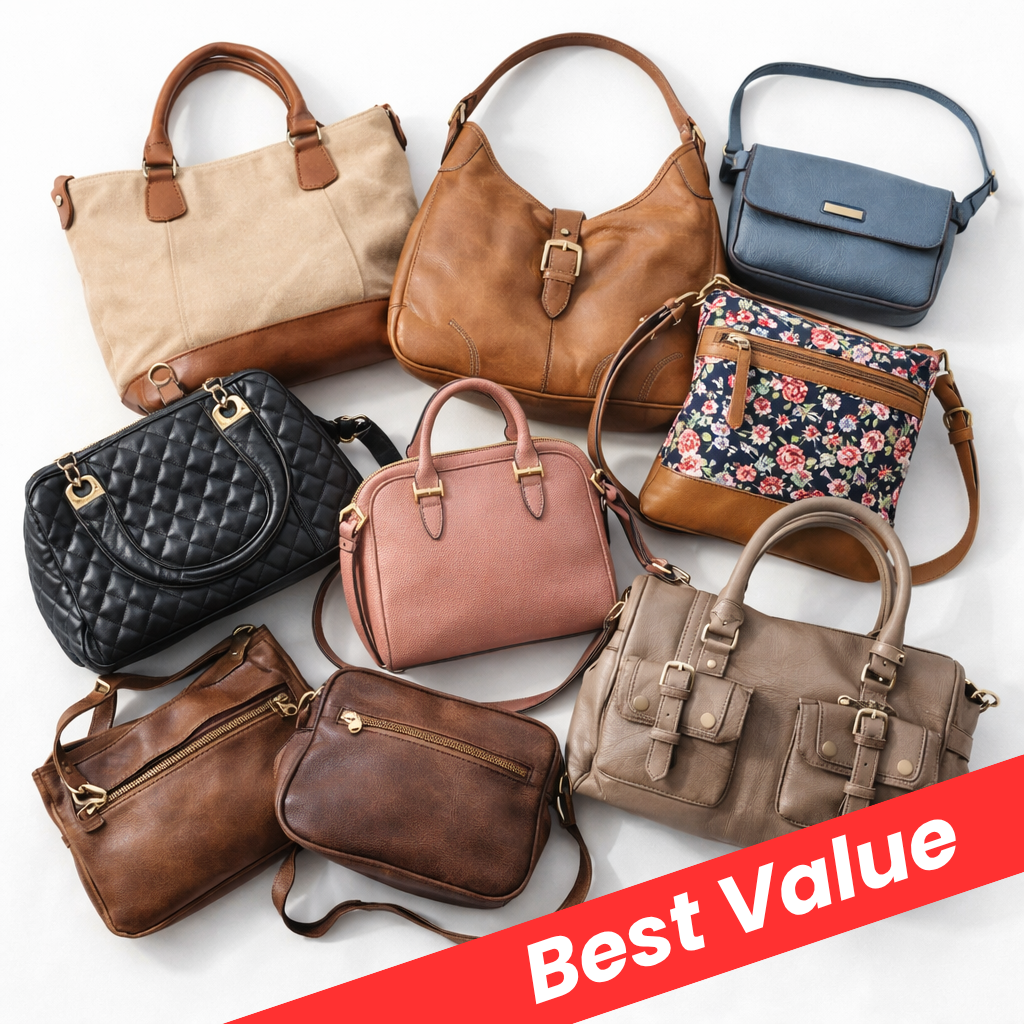 A collection of ten different women's handbags and satchels in various colors and styles, arranged on a white background with a red diagonal banner that reads 'Best Value'.