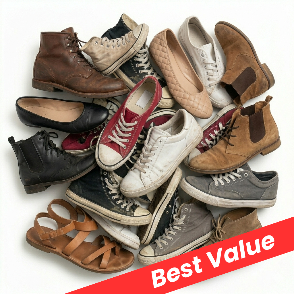  wholesale unsorted footwear bundle contains paired shoes sourced directly from UK collection streams, including cash for clothes stores, charity shops, door-to-door collections and clothing banks. 
