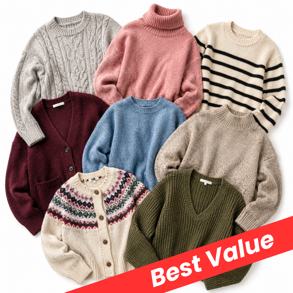A collection of seven different knit sweaters in various colors and patterns, including cable knit, turtleneck, striped, cardigan, and v-neck styles, arranged together on a white background with a red 'Best Value' banner overlay.