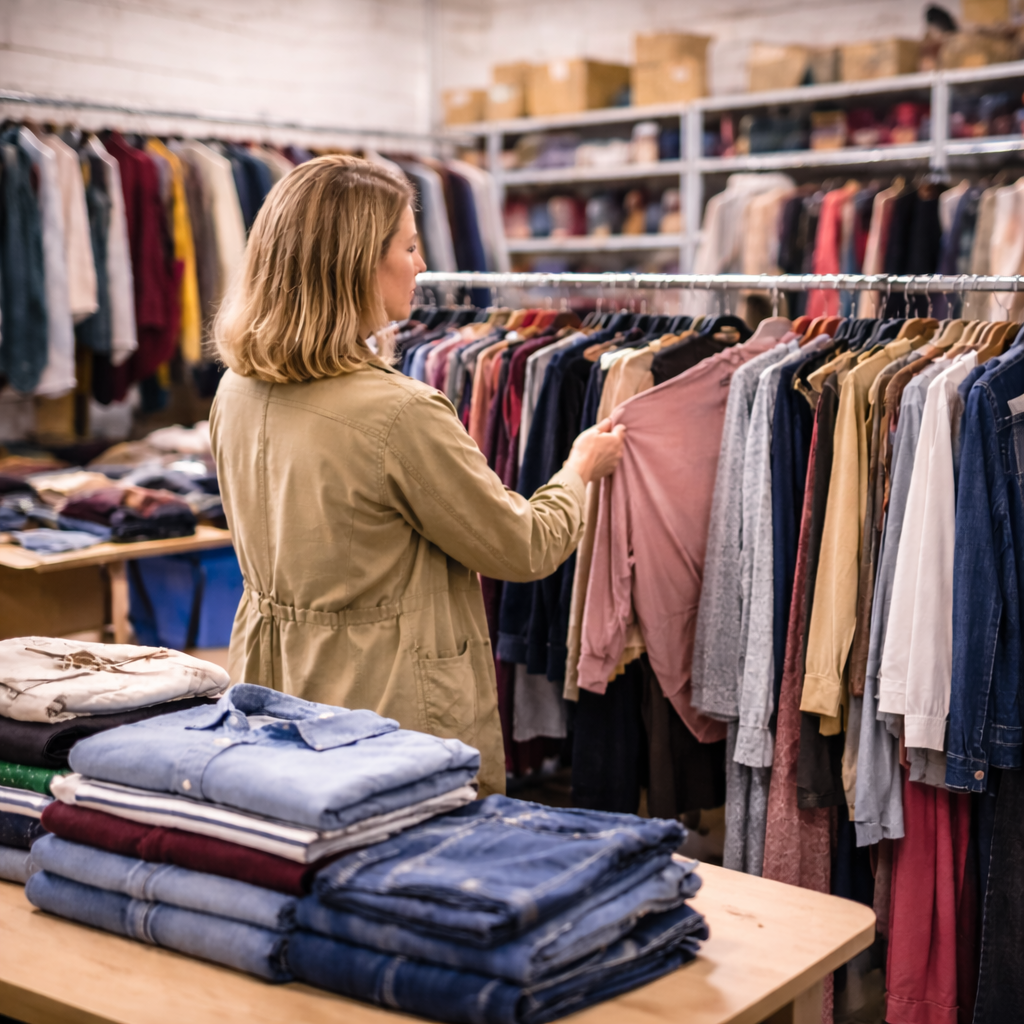 Woman choosing wholesale used clothing in a warehouse