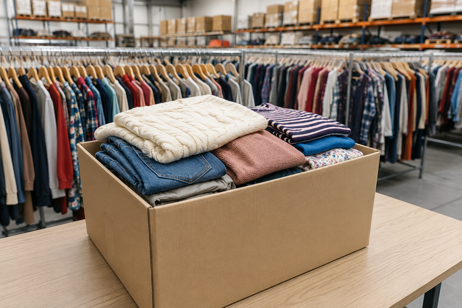 A cardboard box filled with neatly folded clothing, including a cream knit sweater, blue jeans, a striped shirt, and a dusty rose top, set on a wooden table in a warehouse clothing store background.
