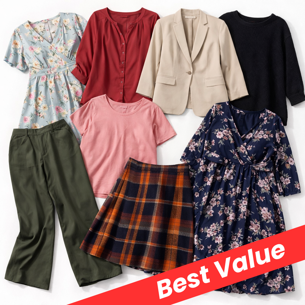 A flat lay of eight women's clothing items arranged on a white background, including a floral dress, red blouse, beige blazer, black top, olive pants, pink T-shirt, plaid skirt, and navy floral dress. A red diagonal banner reads 'Best Value'.