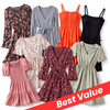 A collage of eight women's dresses in assorted colors and patterns, including florals, solid orange, black, pink, gray, and sage green, arranged on a white background with a red diagonal banner reading 'Best Value'.