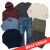 A flat lay of eight different men's clothing items, including a maroon hoodie, dark gray t-shirt, cream knit sweater, light blue button-down shirt, blue jeans, olive green cargo shorts, navy crewneck sweater, and dark gray shorts. A red diagonal banner with the text 'Best Value' is overlaid at the bottom right.