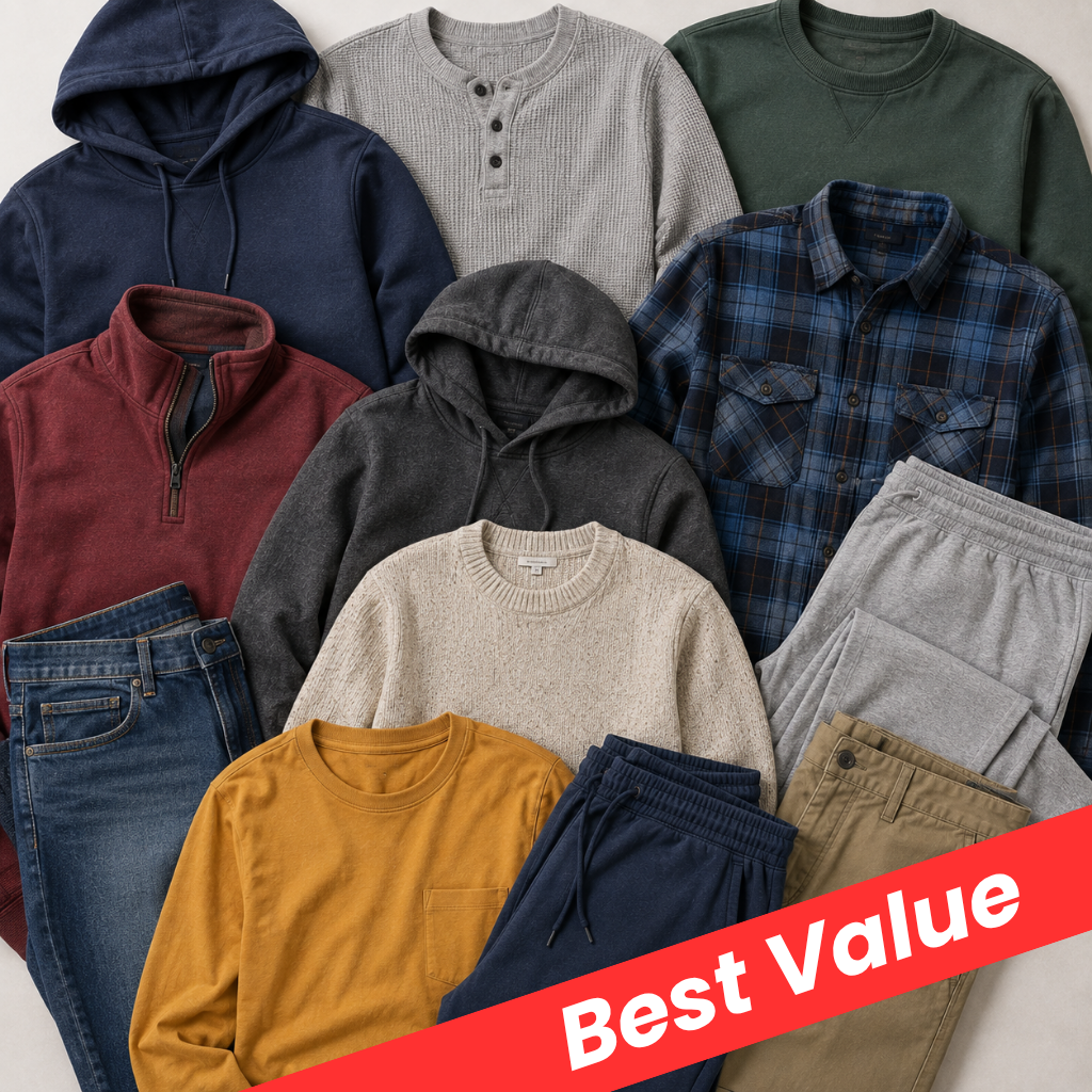 A flat lay of assorted men's casual clothing including hoodies, shirts, sweatshirts, jeans, shorts, and pants in multiple colors, with a red diagonal banner reading 'Best Value' across the bottom right.