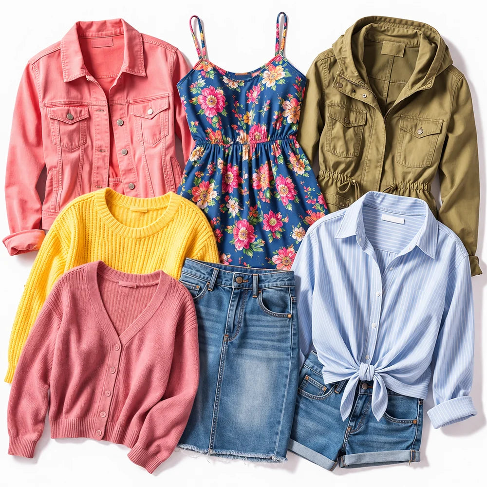 A flat lay of six women's clothing items arranged on a white background: a coral pink button-up shirt, a blue floral sleeveless top, an olive green utility jacket, a yellow knit top, a dusty pink cardigan, blue denim shorts, and a light blue striped button-up shirt tied in a knot. No brand is visible.