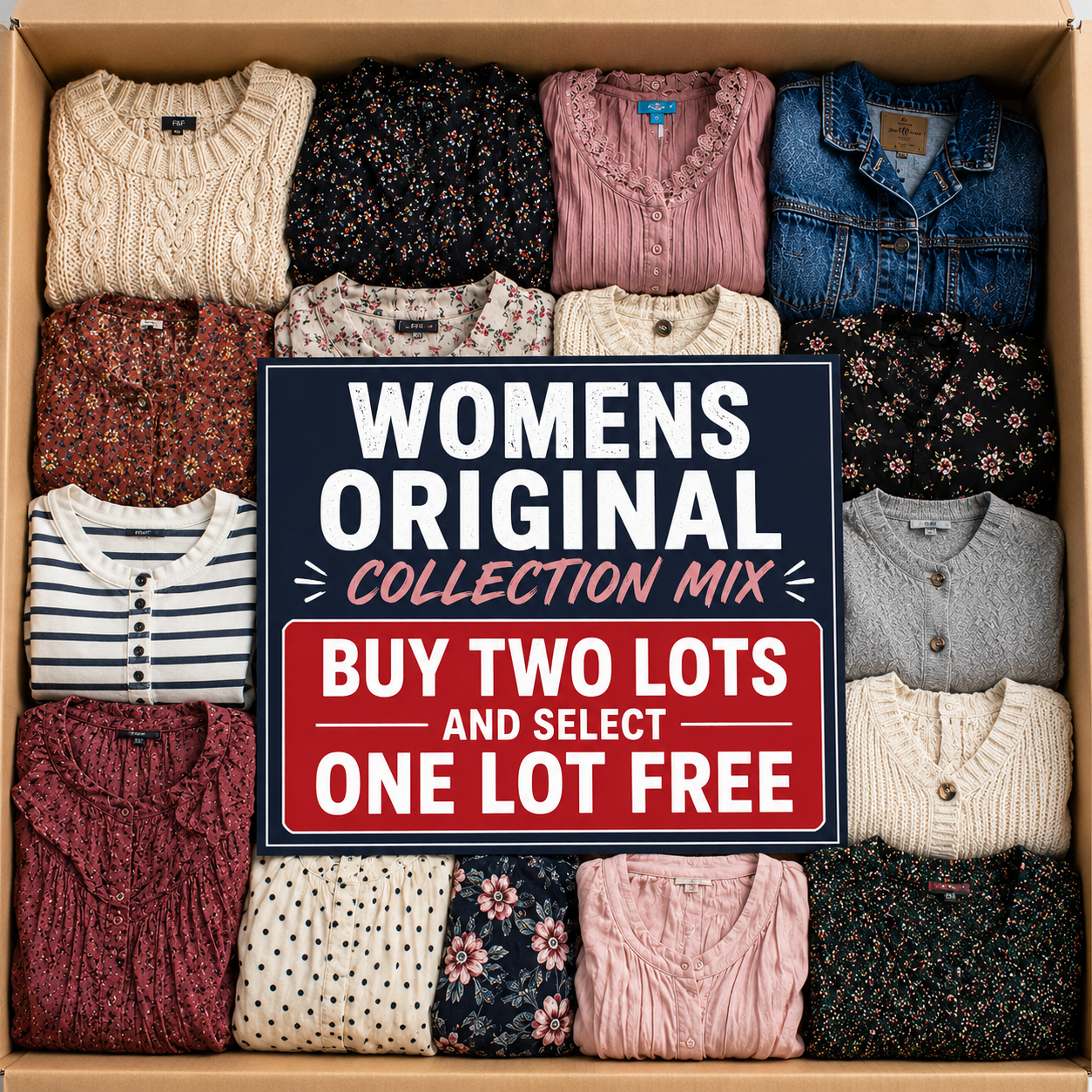 A cardboard box filled with neatly folded women's clothing in multiple colors and patterns, with a large promotional sign reading 'WOMENS ORIGINAL COLLECTION MIX' and 'BUY TWO LOTS AND SELECT ONE LOT FREE' placed over the center.