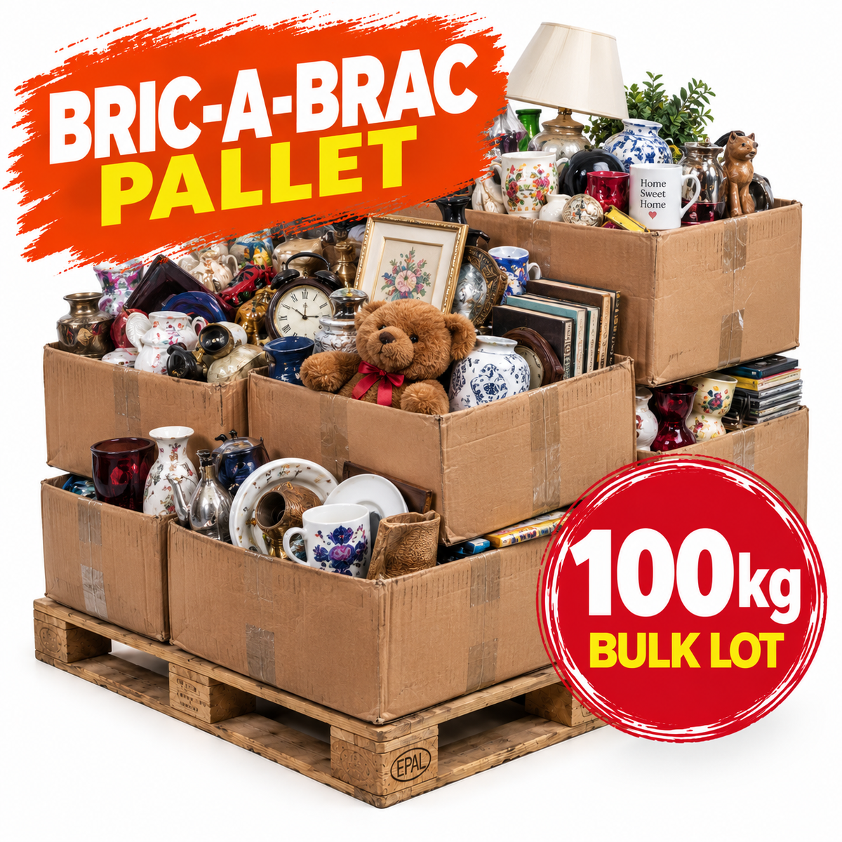 A bulk lot of assorted household goods packed into stacked cardboard boxes on a wooden pallet, with promotional text reading 'BRIC-A-BRAC PALLET' and '100kg BULK LOT'. The boxes contain mixed items including mugs, dishes, books, a teddy bear, a lamp, and framed pictures, all on a white background.