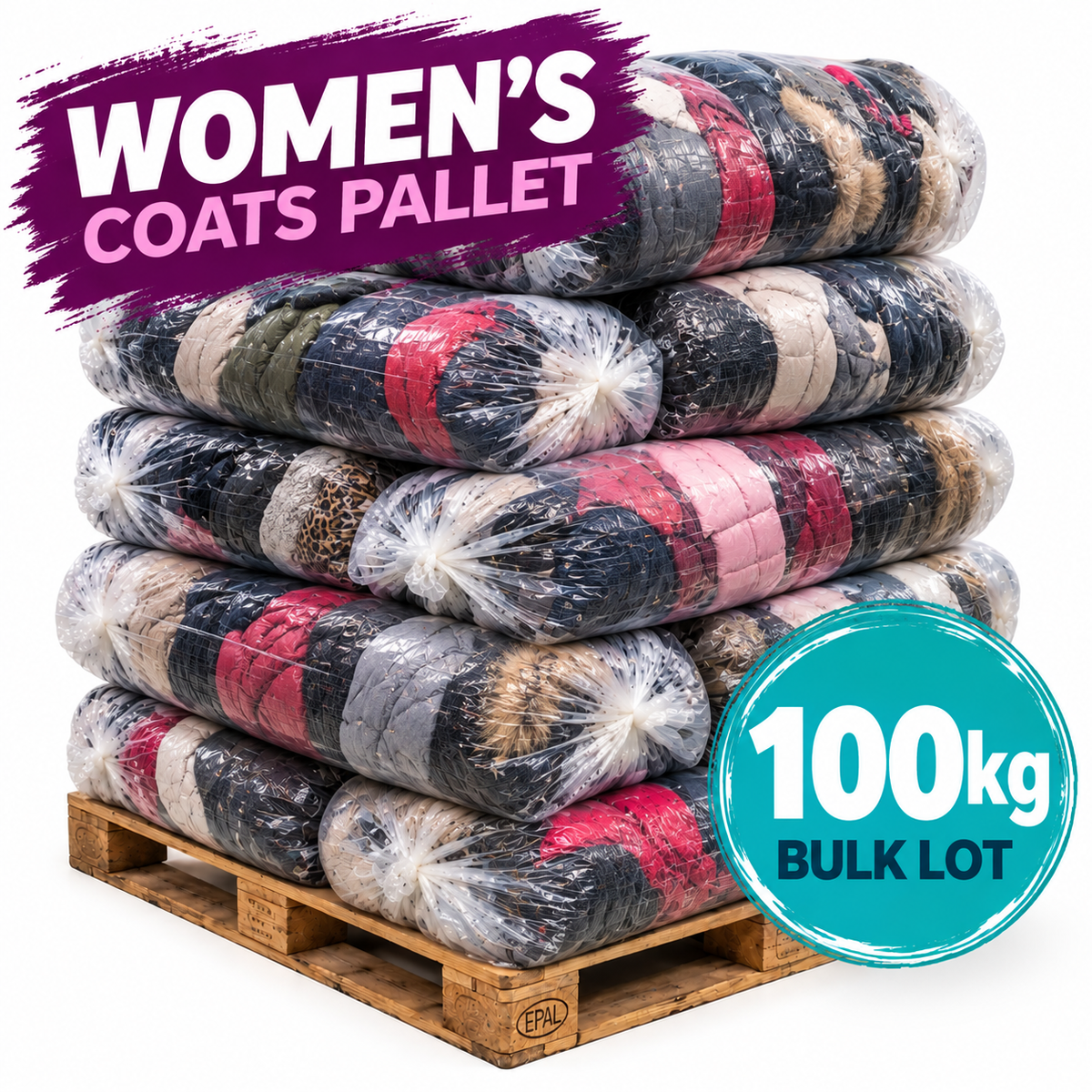 A pallet stacked with large clear plastic bags filled with mixed coats and outerwear garments in black, gray, pink, beige, and green tones. Prominent overlaid text reads 'WOMEN'S COATS PALLET' and '100kg BULK LOT' on a white background.