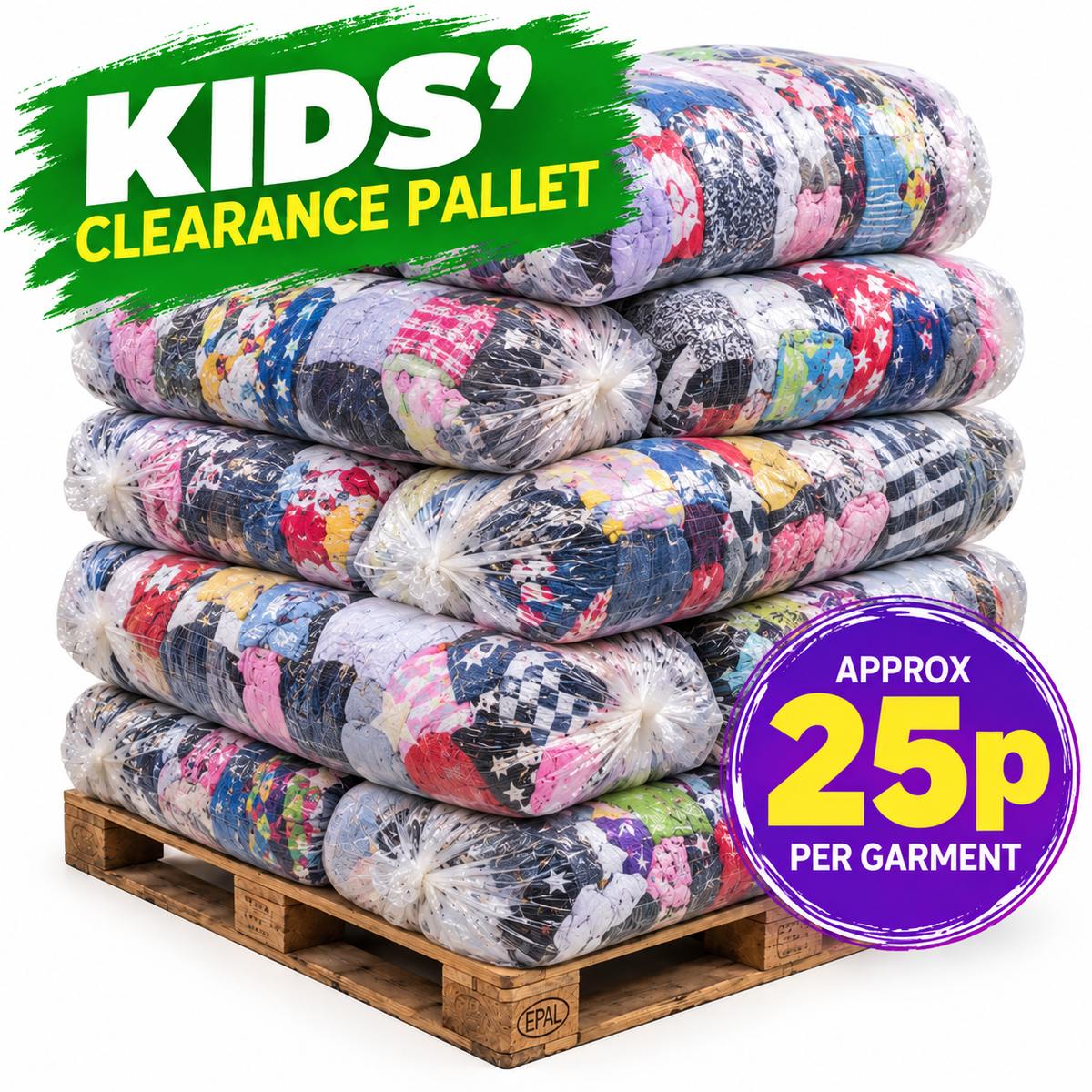 Kids’ Best Value autumn/winter clearance clothing pallet with 200kg of wholesale second-hand clothing, approximately 25p per garment.