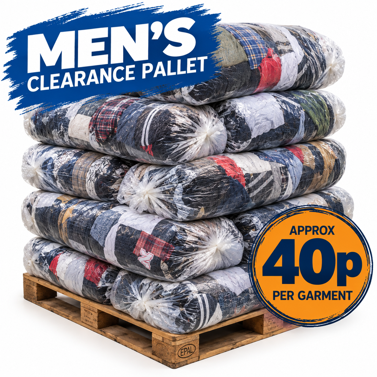 A stack of clear plastic-wrapped garments on a wooden pallet, with a blue 'MEN'S CLEARANCE PALLET' banner and an orange circular badge reading 'APPROX 40p PER GARMENT' on a white background.