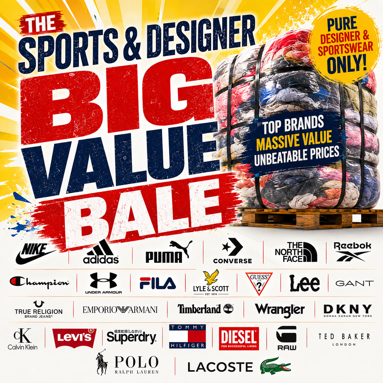 wholesale second-hand sports and designer clothing bale with a varied mix of big-name brands. Great value stock for experienced resellers.
