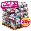 A wooden pallet stacked with clear plastic bags filled with mixed apparel garments, with promotional text reading 'WOMEN'S CLEARANCE PALLET' and 'APPROX 30p PER GARMENT' on a white background.