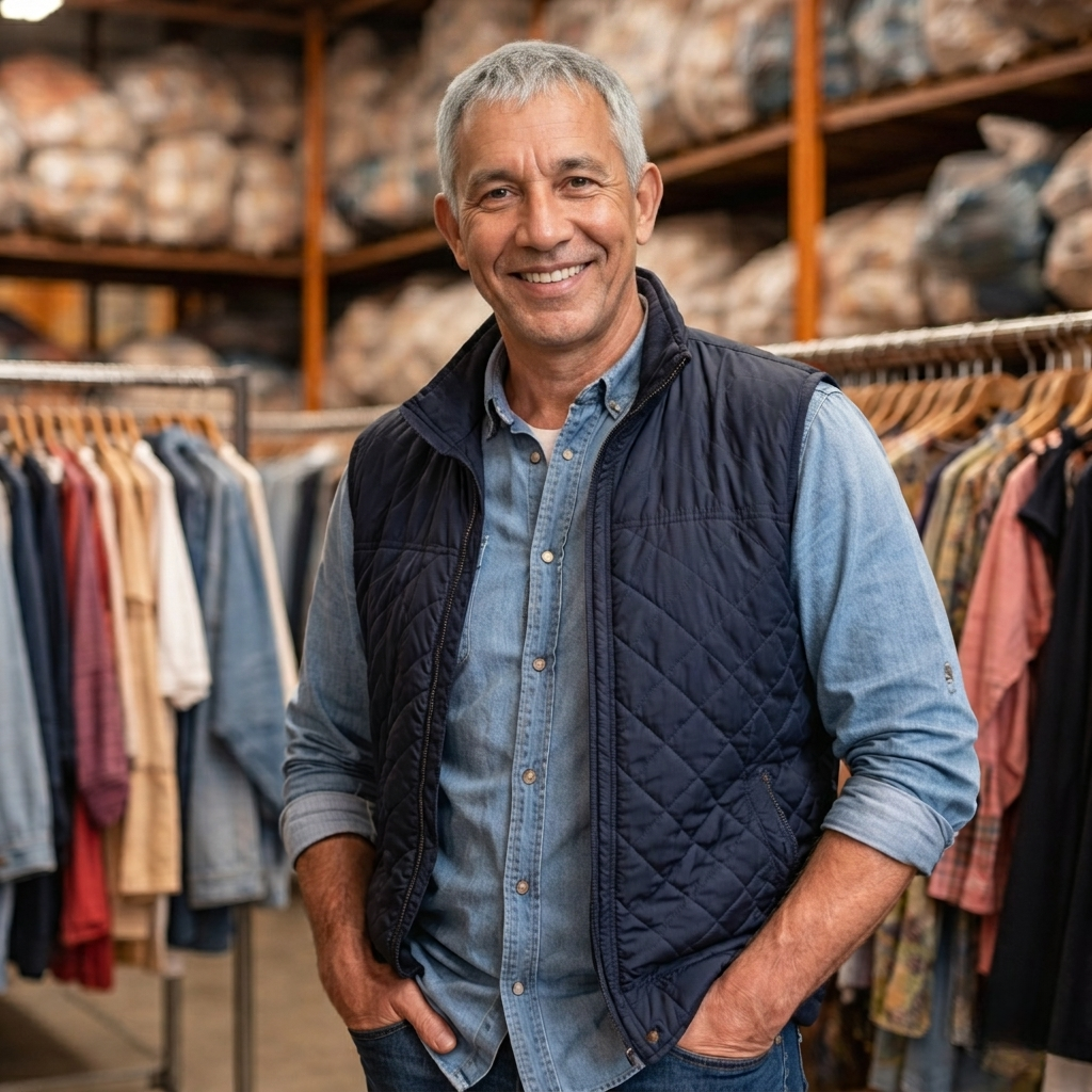 Man wearing a blue quilted vest and shirt standing in a clothing store.