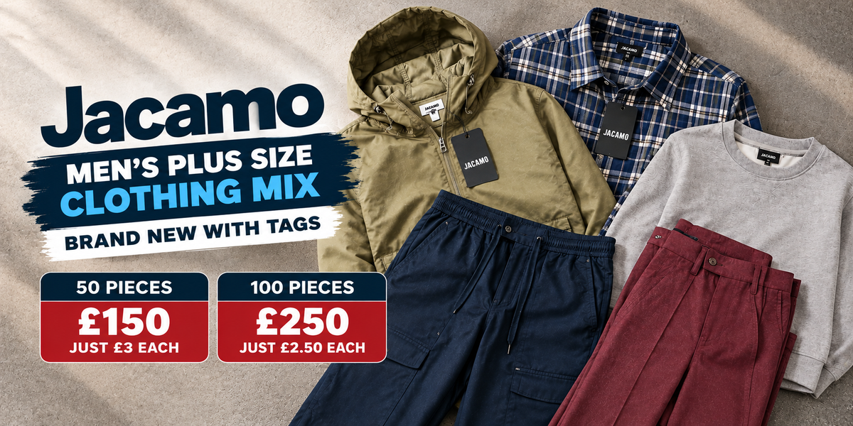 A promotional flat lay for a Jacamo men's plus-size clothing mix, showing folded garments including an olive green hooded jacket, navy pants, a blue plaid shirt, a light gray sweatshirt, and burgundy trousers, with large text advertising a 100-piece mix for £250 and a 50-piece mix for £150.