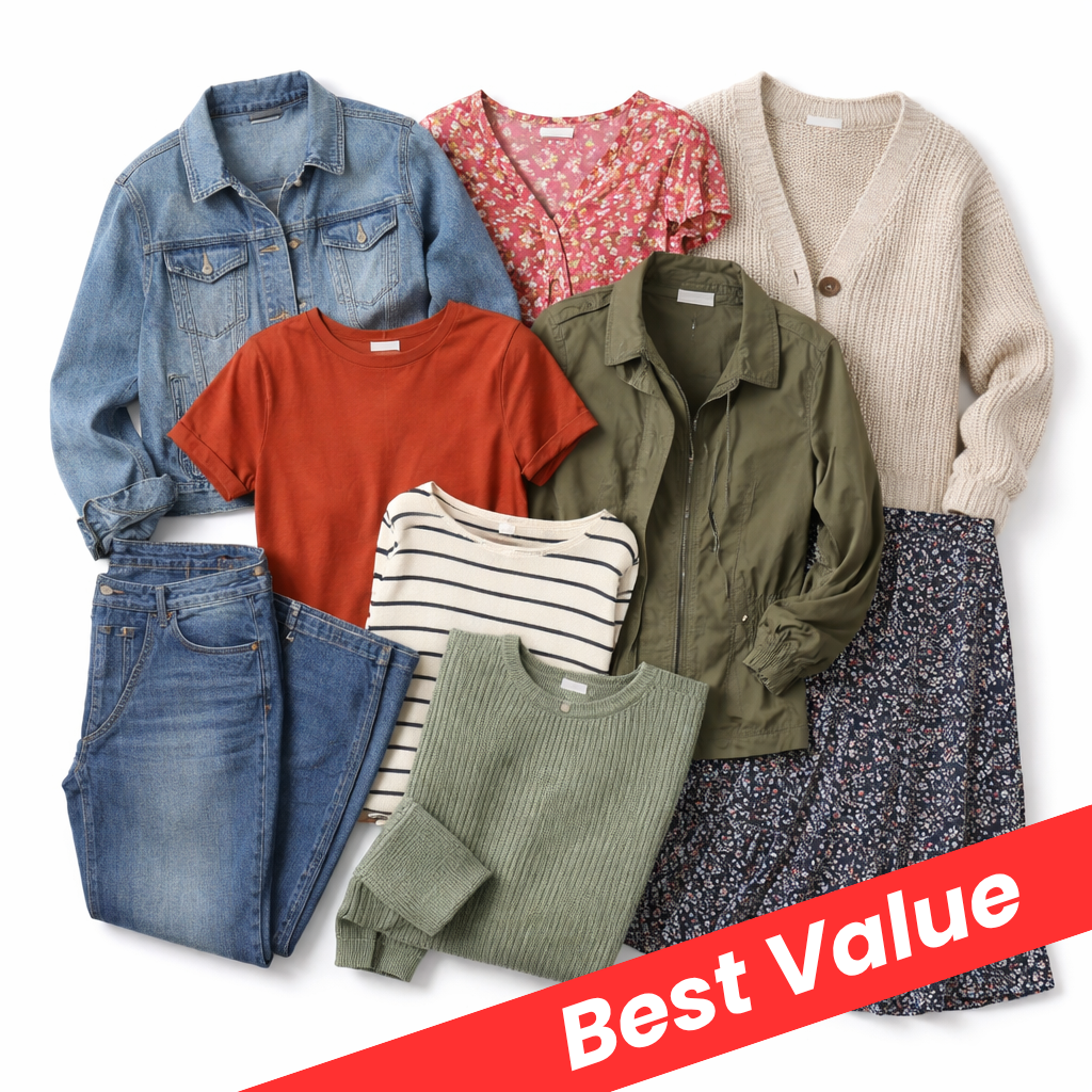 A flat lay of multiple women's clothing items arranged together on a white background, including a blue denim jacket, rust orange T-shirt, cream cardigan, green shirt, striped top, blue jeans, and a floral skirt. A red diagonal banner at the bottom right reads 'Best Value'.