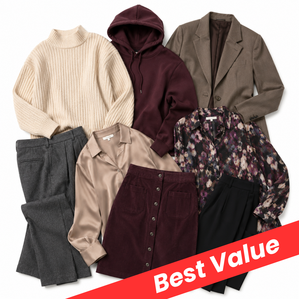A flat lay of multiple women's clothing items arranged together on a white background, including a cream ribbed turtleneck sweater, a burgundy hoodie, a taupe blazer, dark gray trousers, a beige collared shirt, a dark burgundy button-front skirt, a floral long-sleeve blouse, and black trousers. A red diagonal banner with the text 'Best Value' is overlaid in the bottom right corner.