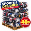 A stacked warehouse pallet filled with shrink-wrapped bags of clothing from many sportswear brands, including Nike, Adidas, Champion, The North Face, Puma, Gabox, Lee, Wrangler, DKNY, CK, Levi's, and Lacoste. Large promotional text reads 'SPORTS & DESIGNER (C GRADE) CLEARANCE PALLET' and a red badge says 'APPROX 40p PER GARMENT.
