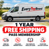 A white delivery van with 'EveryTopBrand' branding drives on a road with blurred greenery in the background. Large text below reads '1 YEAR FREE SHIPPING PASS MEMBERSHIP' with four feature icons for free UK delivery, exclusive member deals, a complete reseller guide, and an account advisor.