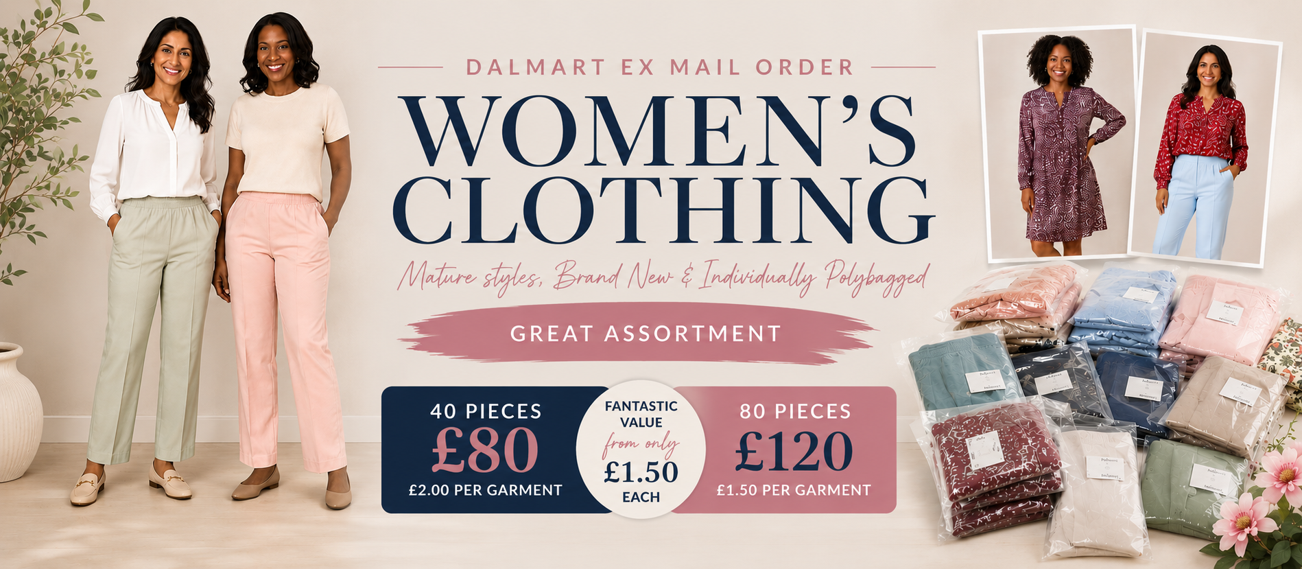 Advertisement for women's clothing with models and product images on a white background.