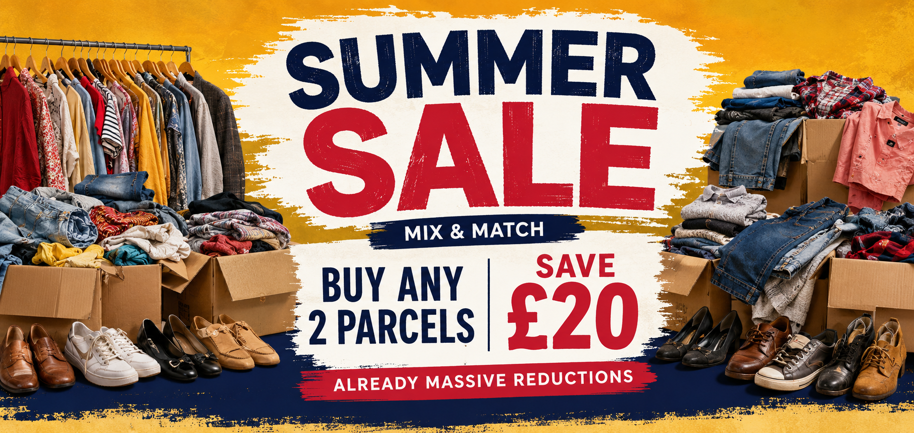 Promotional summer sale graphic with large text reading 'SUMMER SALE', 'BUY ANY 2 PARCELS', and 'SAVE £20'. The background is a collage of folded and hanging clothes, boxes of footwear, and clothing racks, all on a yellow-to-blue painted texture.