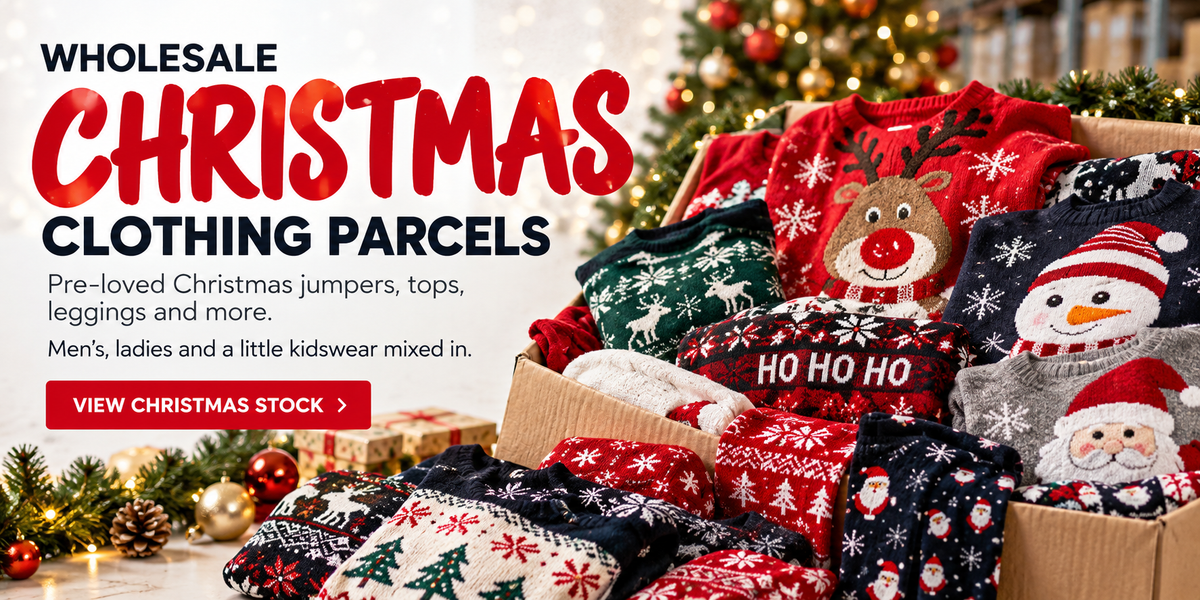 Promotional banner for wholesale Christmas clothing parcels, showing a cardboard box overflowing with assorted festive knit sweaters and tops in red, green, navy, and gray holiday patterns, alongside large text reading 'Wholesale Christmas Clothing Parcels' and a red 'View Christmas Stock' button.